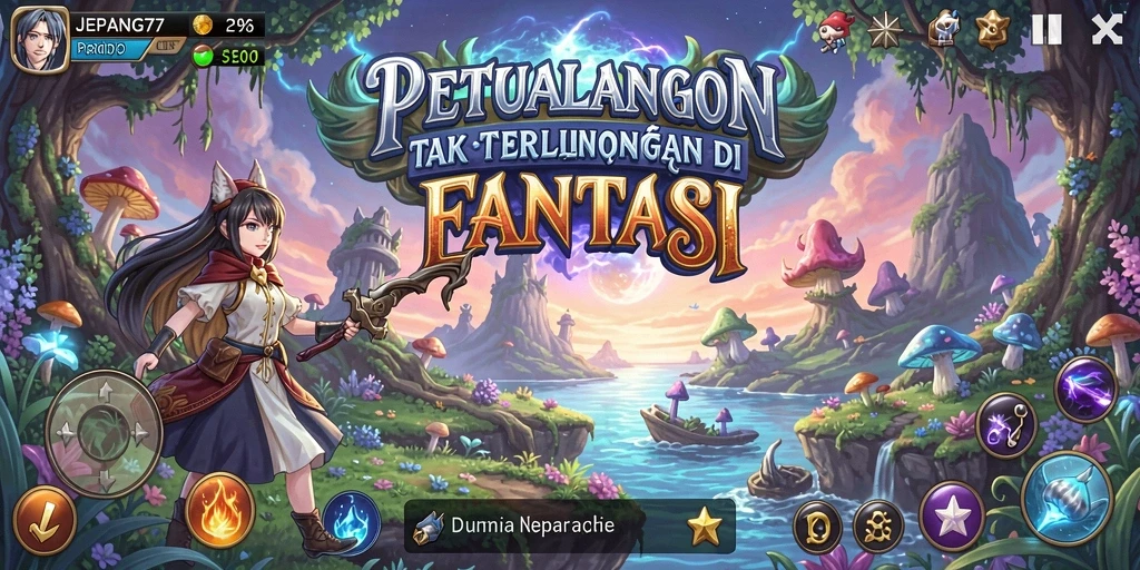 Screenshot utama JEPANG77 menampilkan karakter menjelajahi dunia fantasi.
