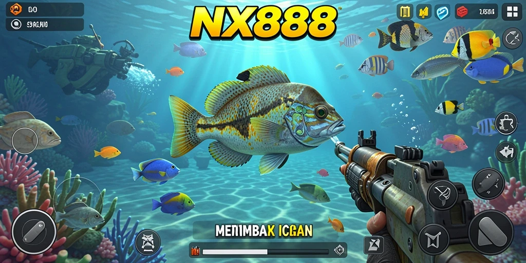 Tampilan gameplay seru dari NX888 saat menembak ikan.
